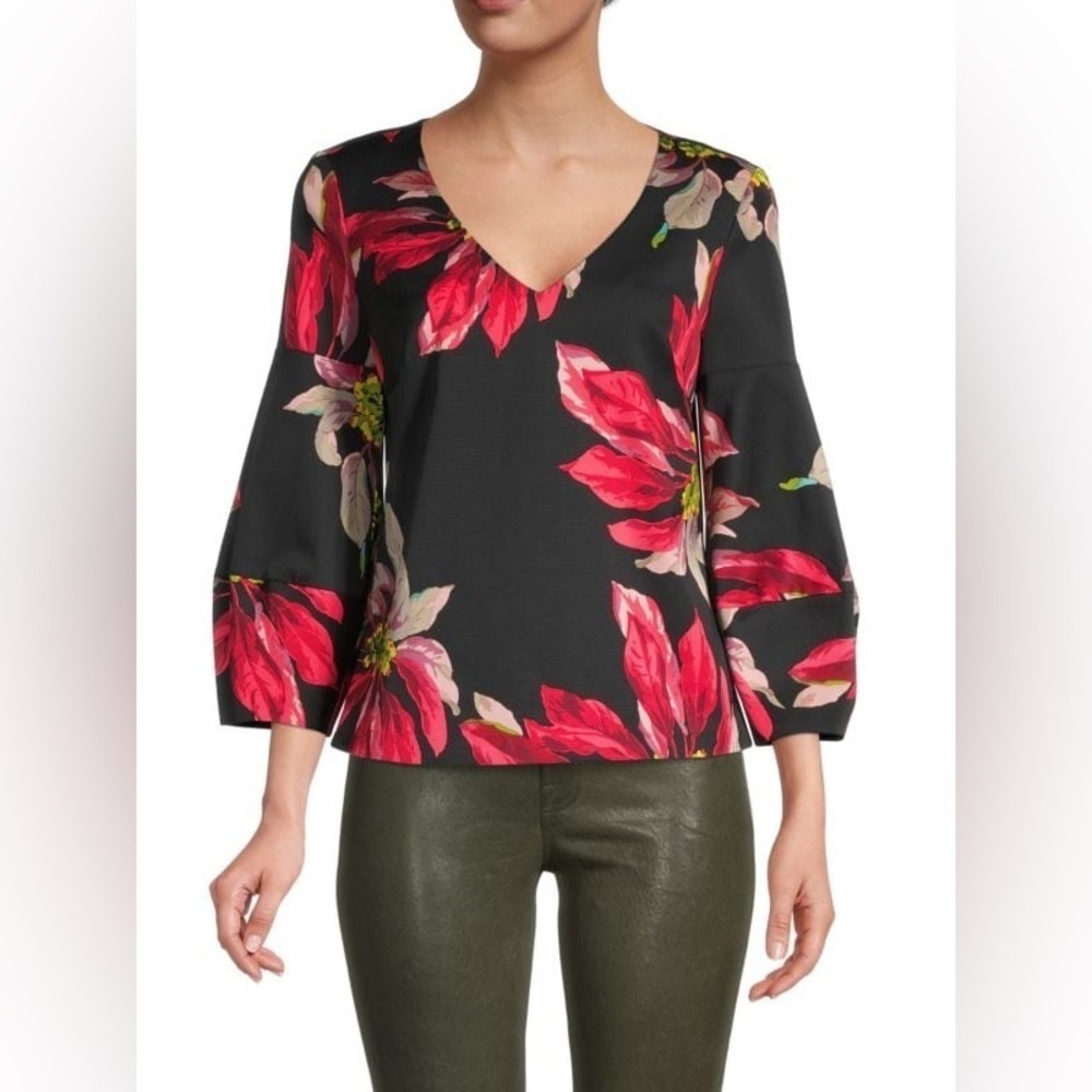Trina Turk Yuka Floral Quarter Sleeve V Neck Womens Size XSmall